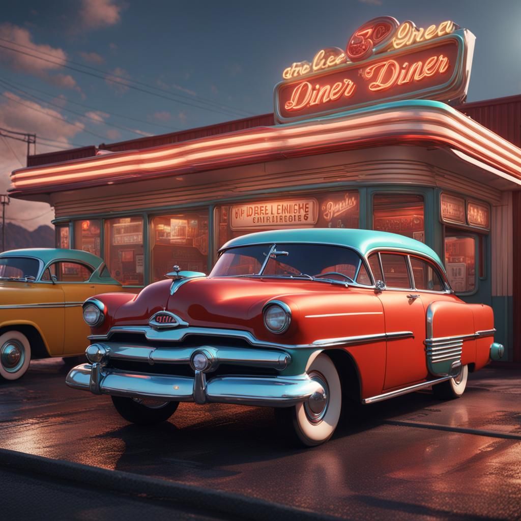 Nostalgic 1950s Diner in Detailed Matte Painting