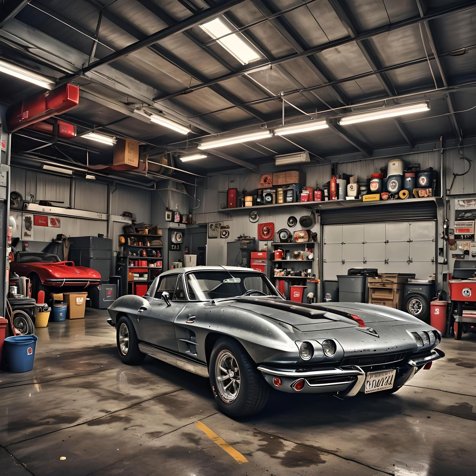 Classic Corvette in Trash Polka Garage: Hyperrealistic