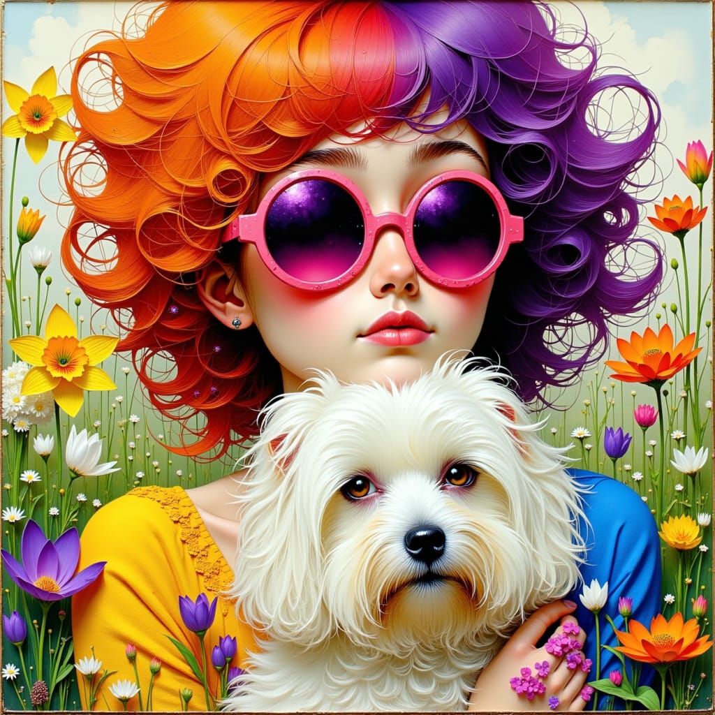Colorful Hippie Woman with Dog in Pop Art Style