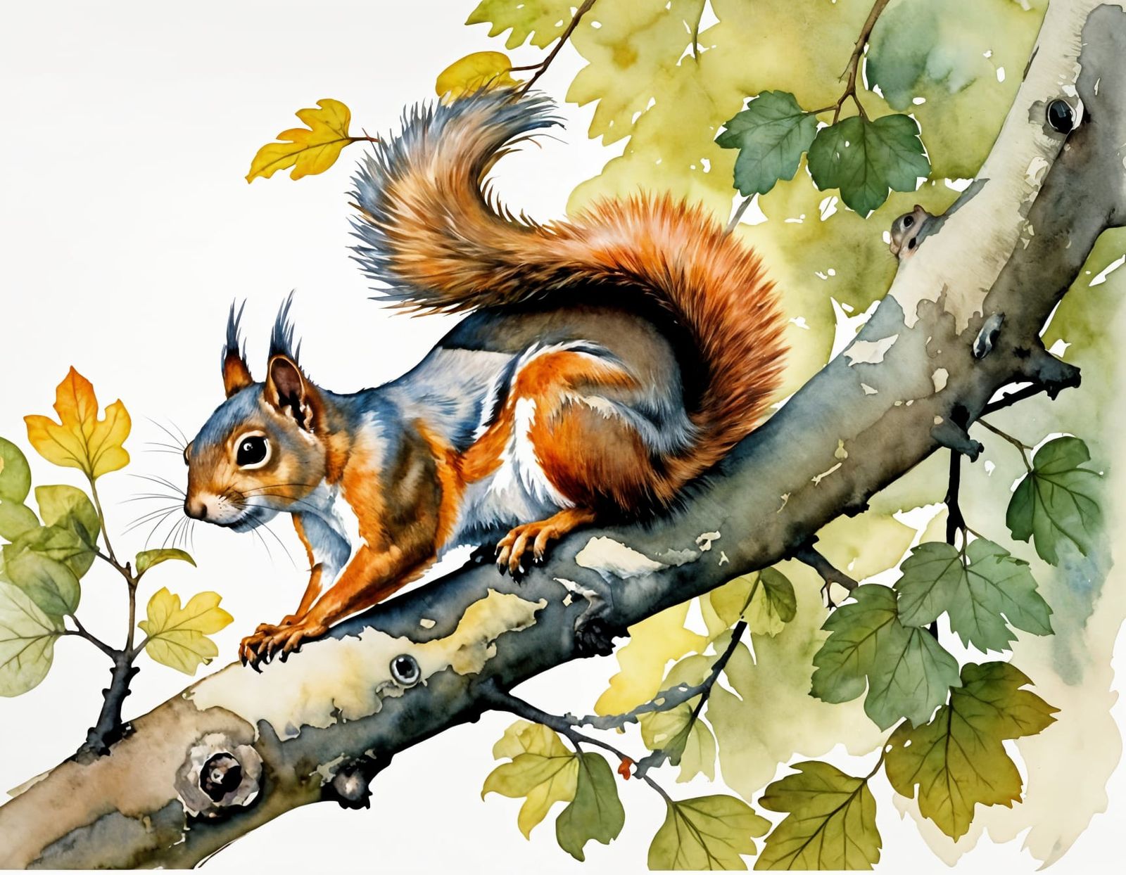 Squirrel in a Moebius-Inspired Watercolor Landscape