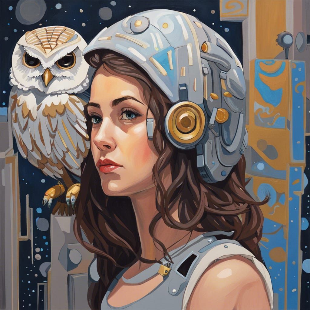 Modern Athena with Robot Owl in Gouache Style