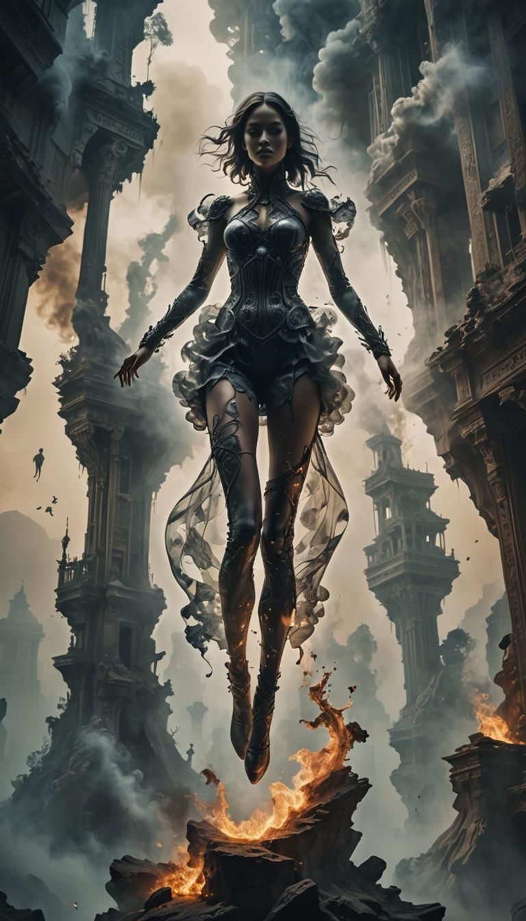 Ethereal Phantom Girl Amidst Fractal Smoke Silhouette