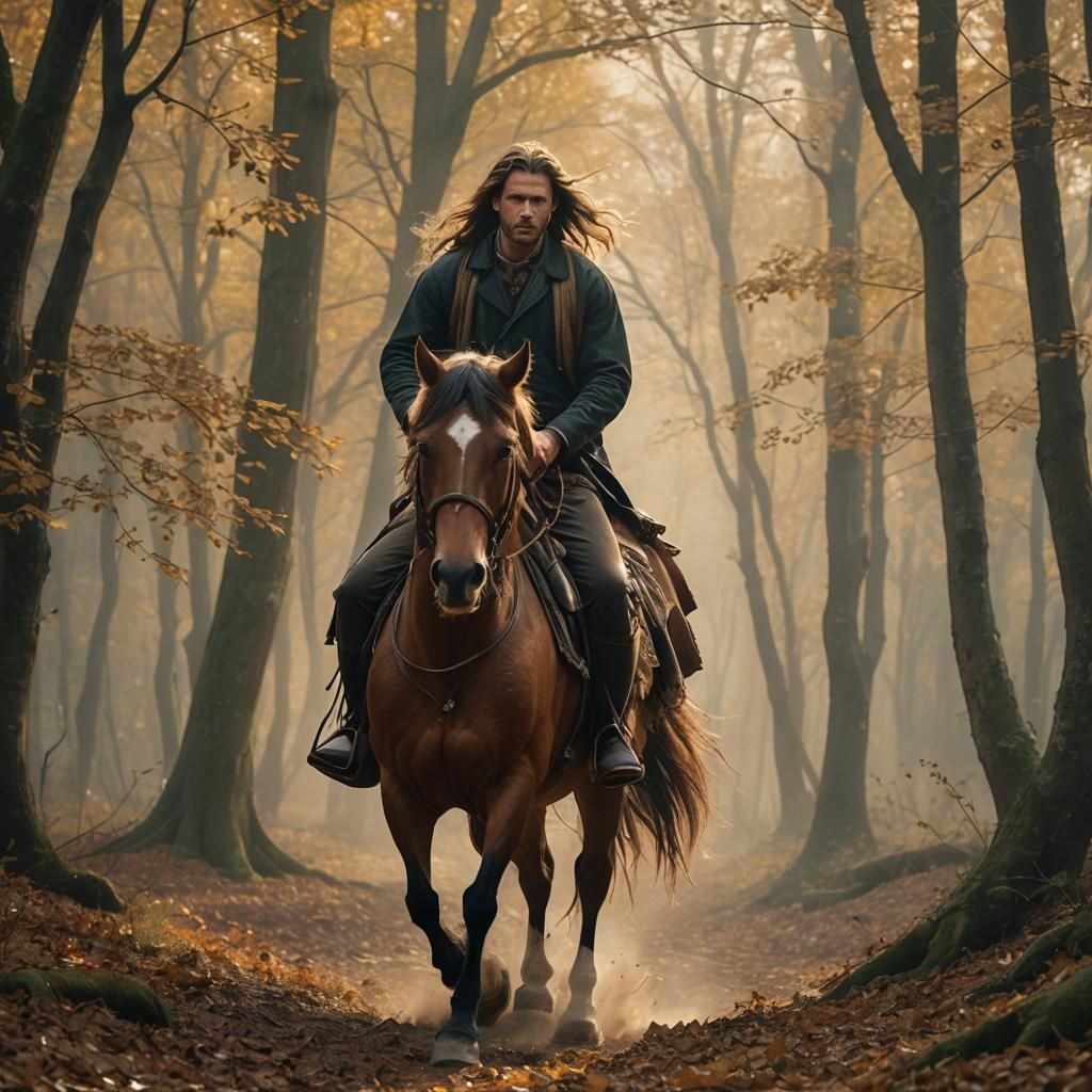 Man on Horseback in Autumn Forest: Romanticism Style