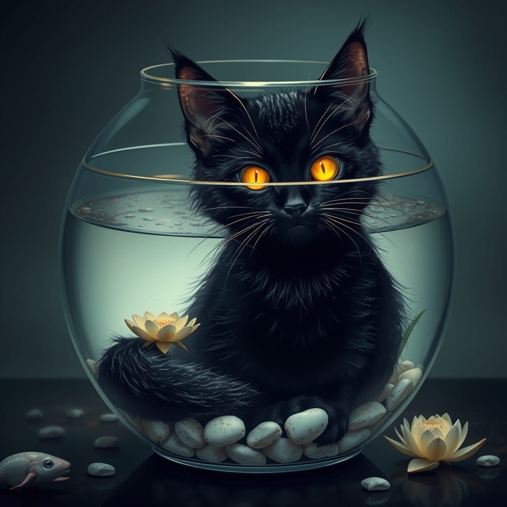 Mysterious Black Cat in a Vintage Glass Fish Bowl