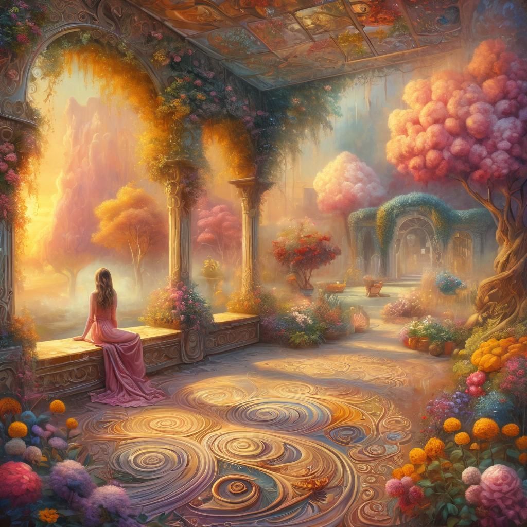 Surreal Oil Painting of a Woman on a Patio