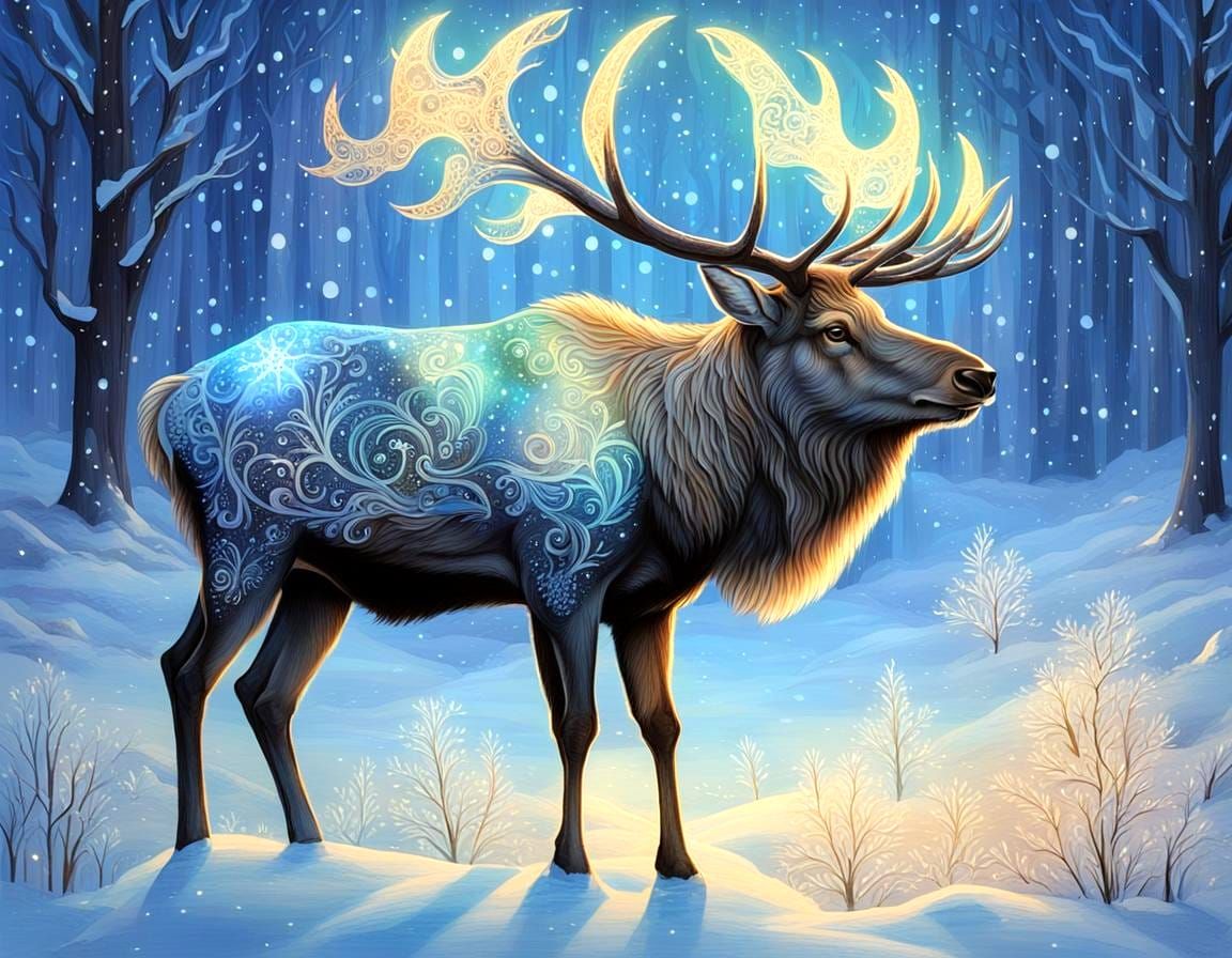 Ethereal Elk in Moonlit Winter Landscape