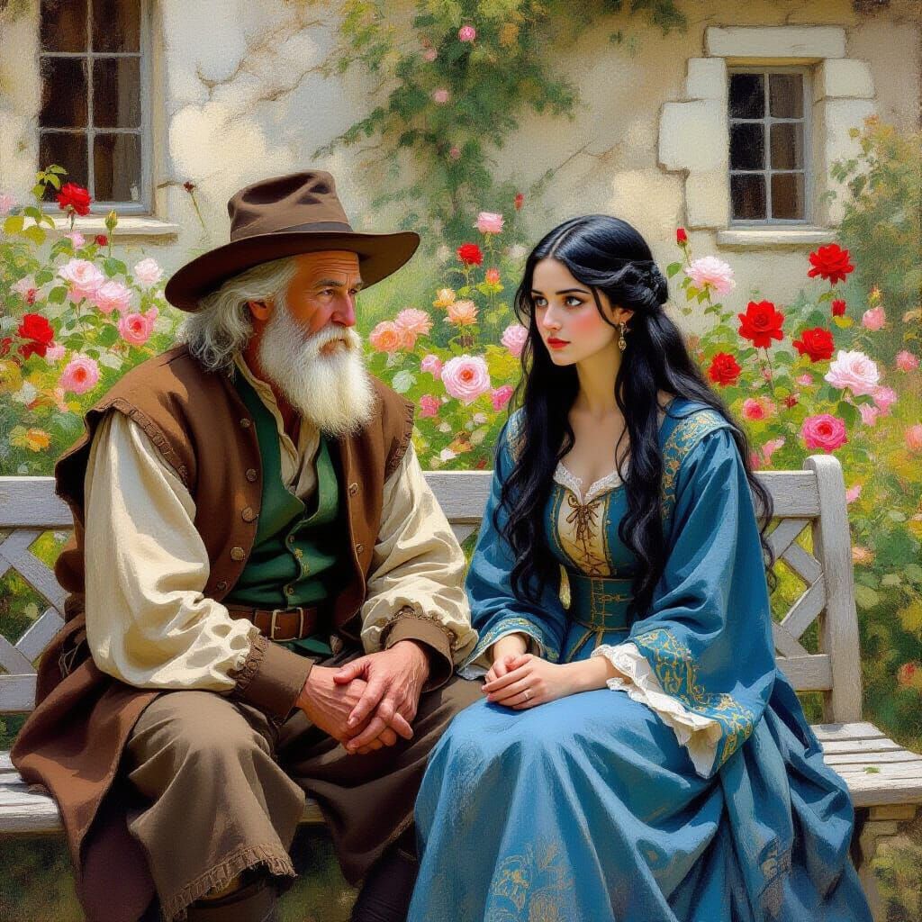 Medieval Couple in Rose Garden, Impressionistic Style