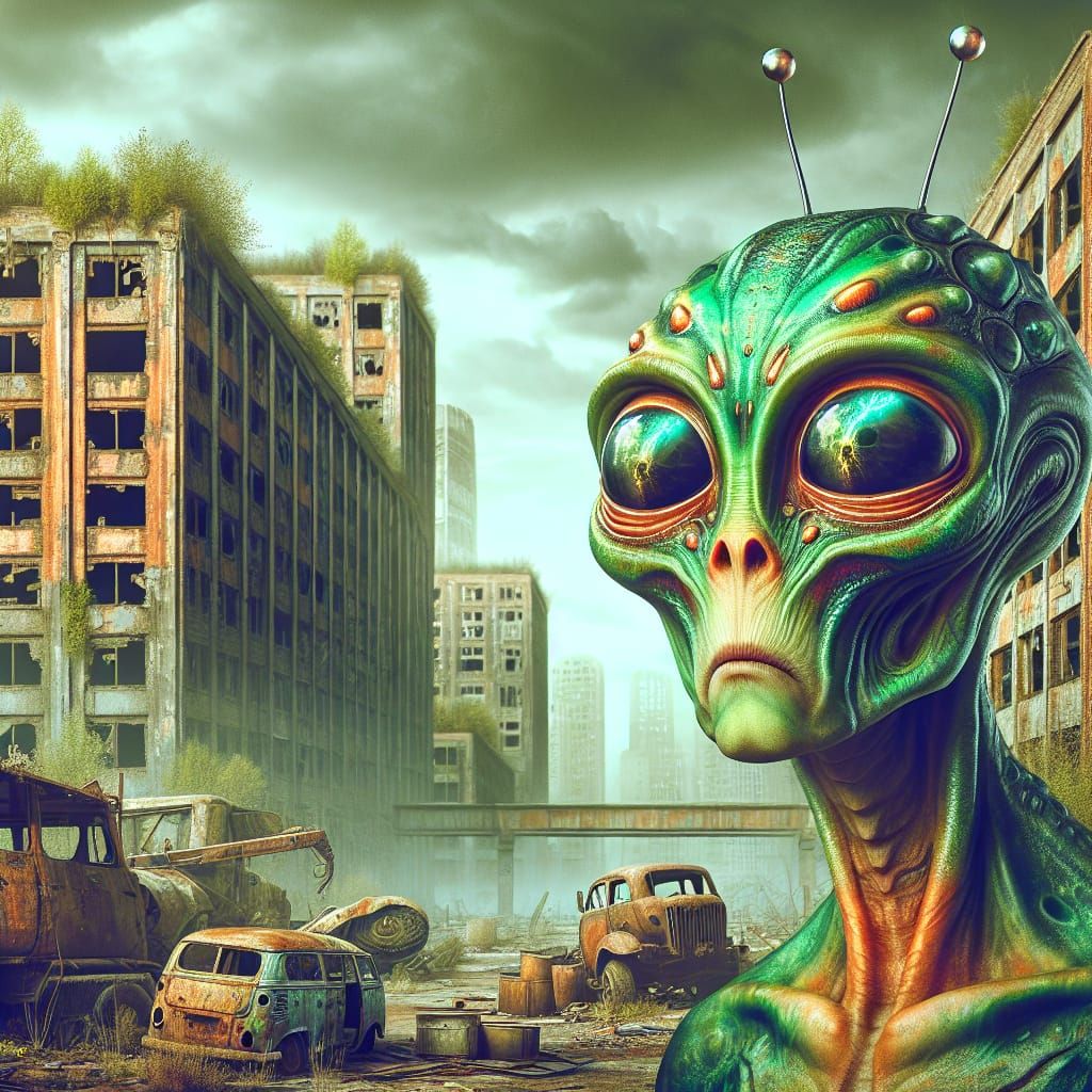 Perplexed Alien in Post-Apocalyptic Cityscape