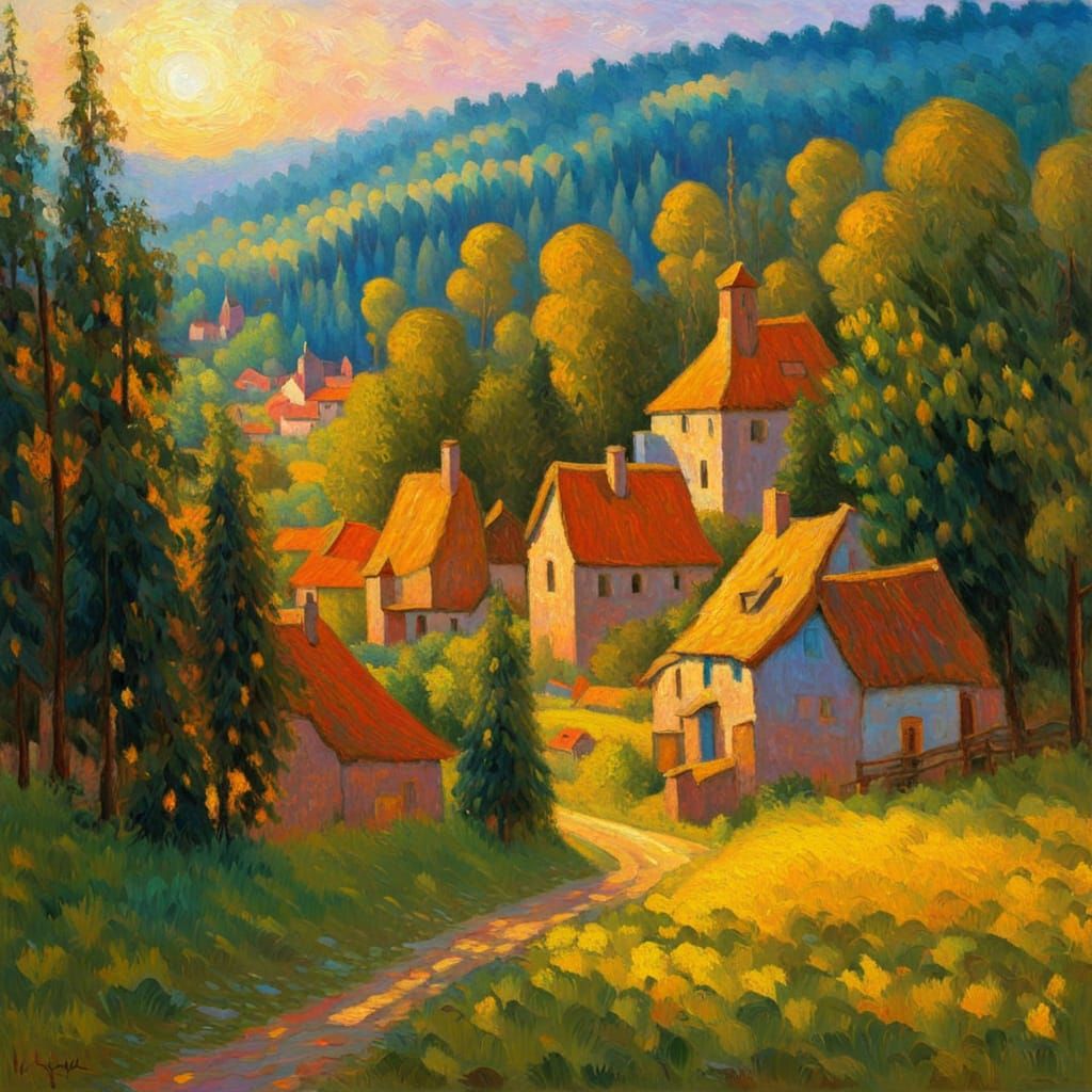 Colorful Village at Forest Edge in Impasto Style