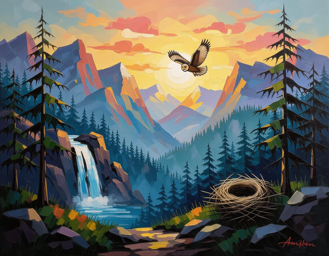 Dramatic Impasto Oil Painting of an Eagle-Owl in Forest