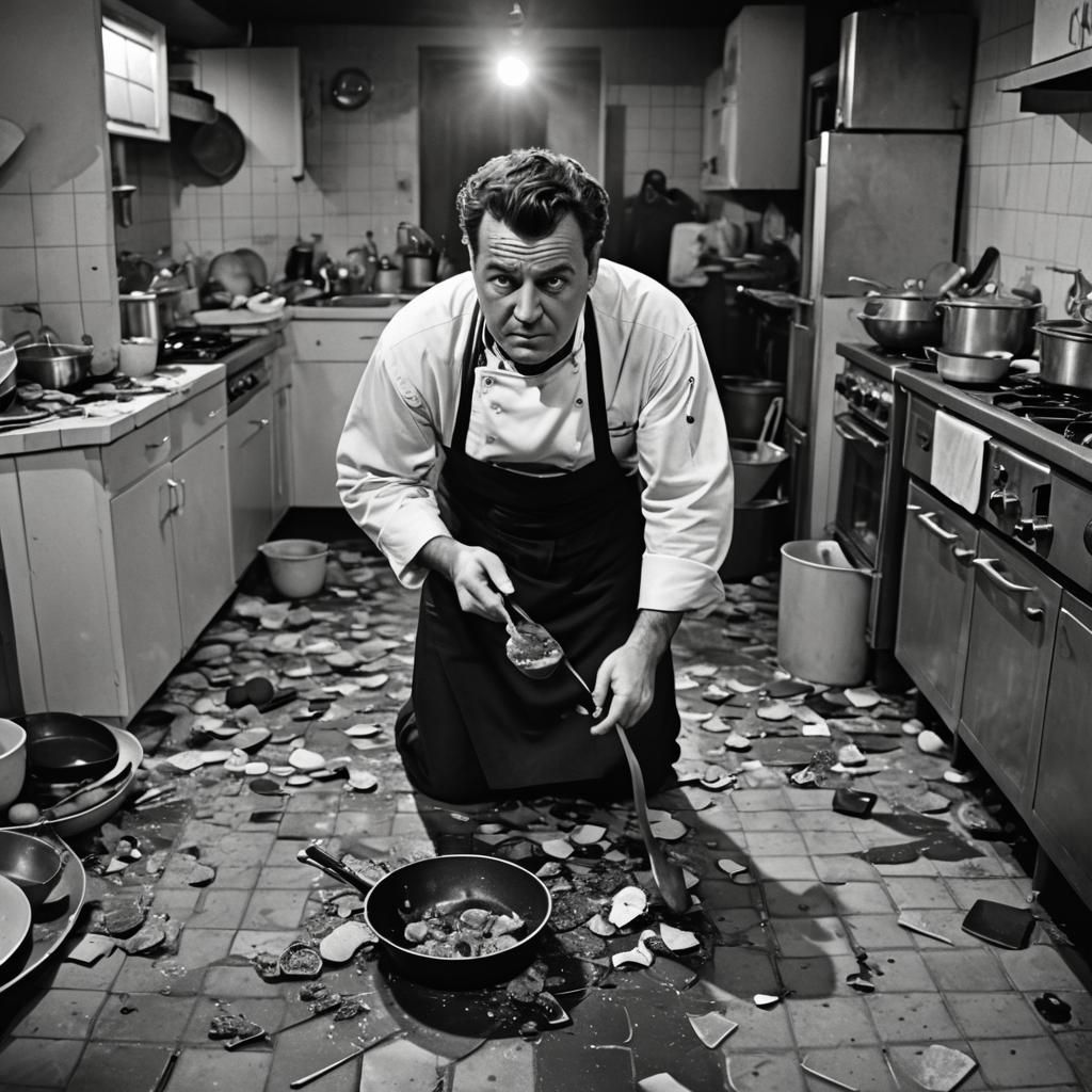 Chaotic Kitchen Scene in Film Noir Style