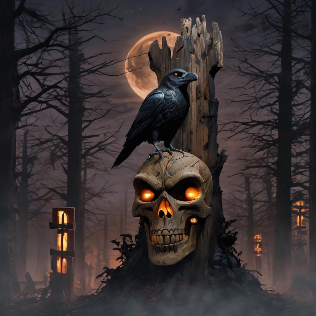 Eerie Totem with Raven and Skeleton in Graveyard