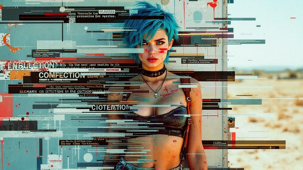 Rebellious Blue-Haired Youth in Post-Apocalyptic Glitch Art