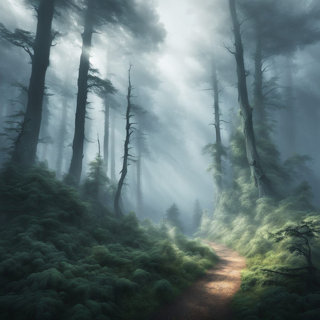 Misty Forest Paths in Ethereal Haze