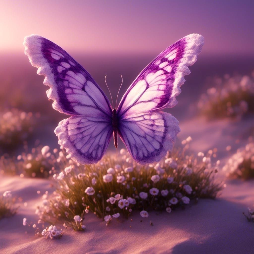 Purple and White Butterfly Soaring Across Horizon
