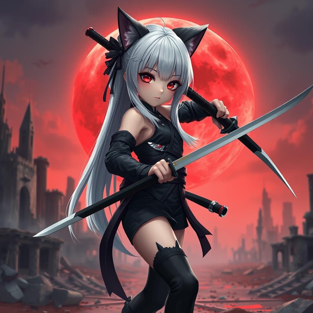 Anime Warrior Girl in Ruined Cityscape