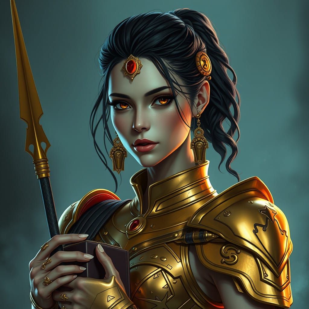 Cyberpunk Goddess of Fortune in Elaborate Armor