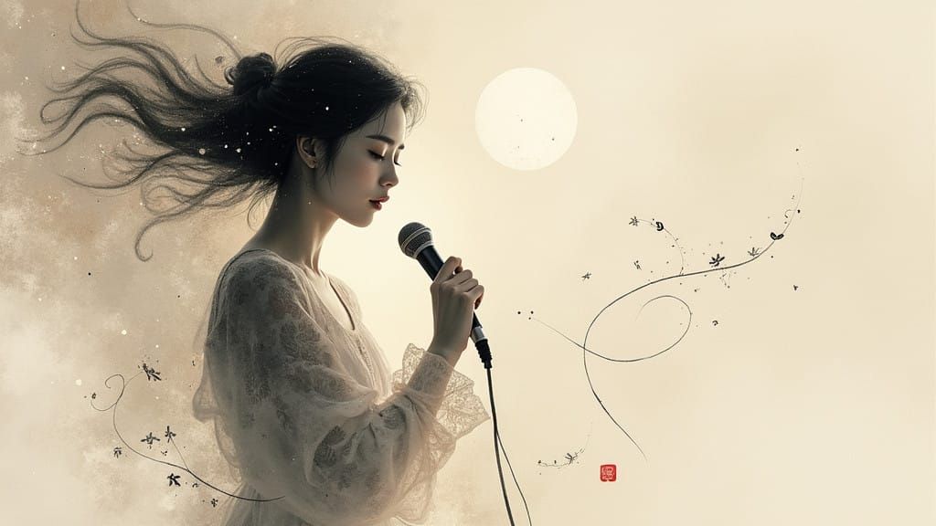 Elegant Chinese Ink Painting of a Singer in Harmony with Nat...