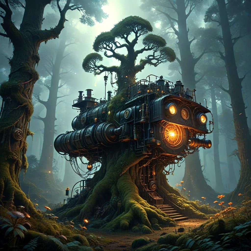 Steampunk Tree in Mystical Forest Matte Painting