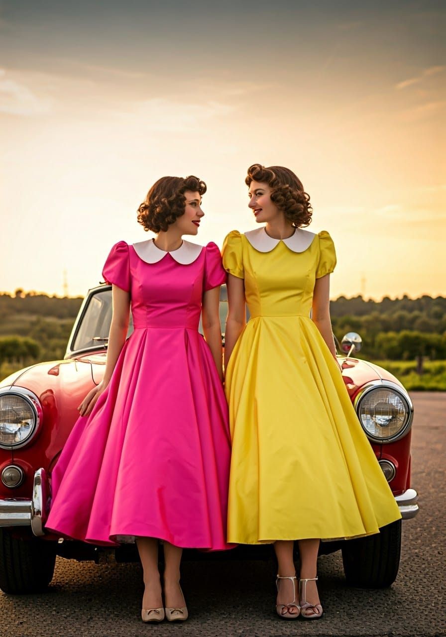 Glamorous Women in 1950s Gowns by Vintage Car
