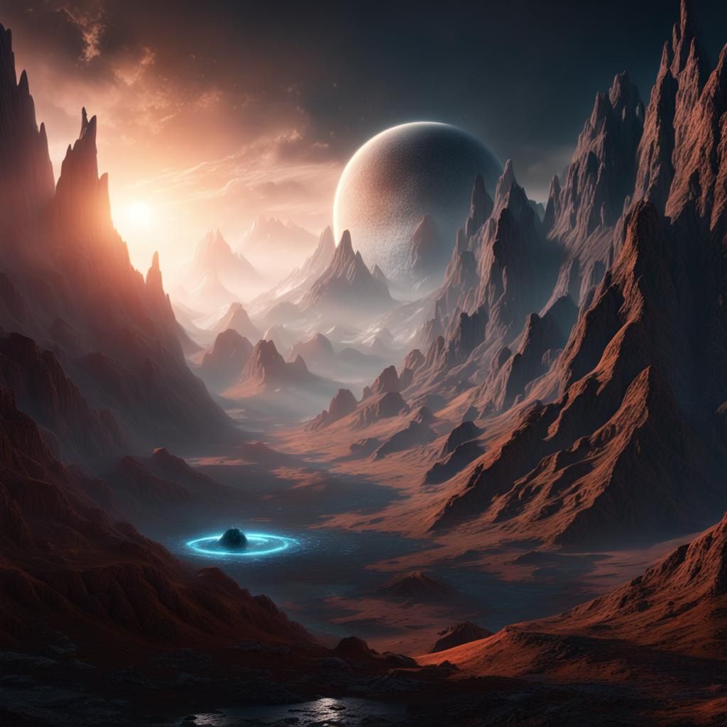 Mystical Black Sun Illuminates Parallel Universe Mountain Pa...