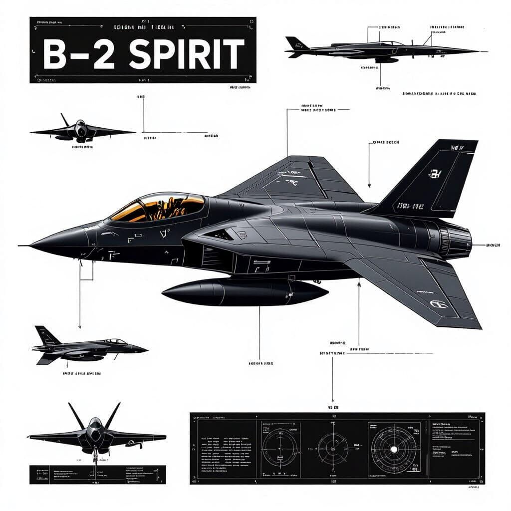 B-2 Spirit Fighter Jet Technical Blueprint Drawing