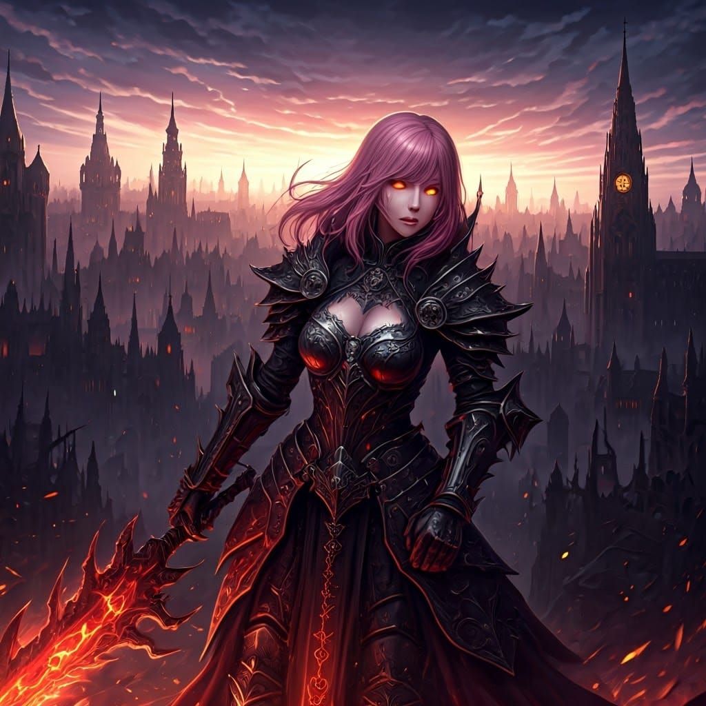 Pink-Haired Warrior in Dark Fantasy Gothic Cityscape