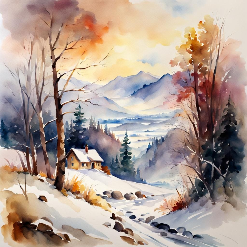 Brunette in Winter Landscape, Watercolor Painting