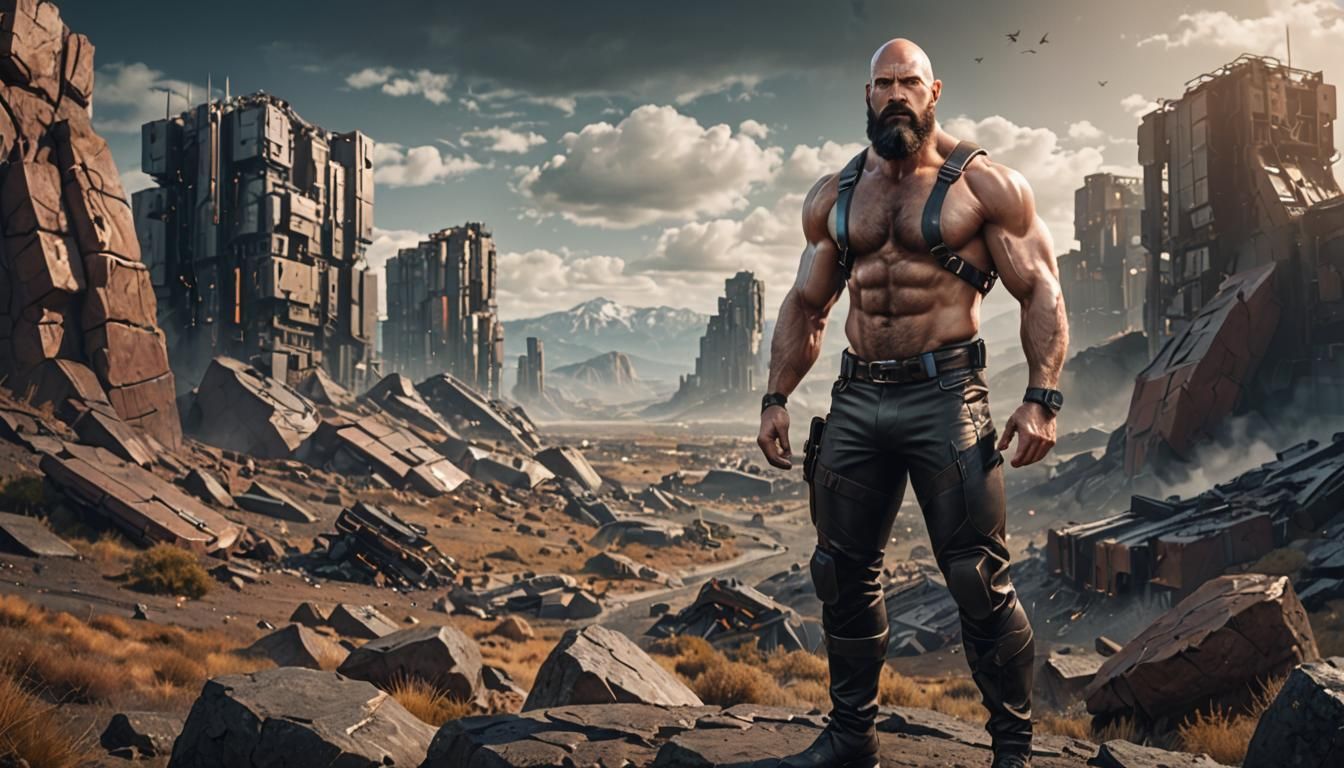 Man in Leather Outfit in Technological Landscape