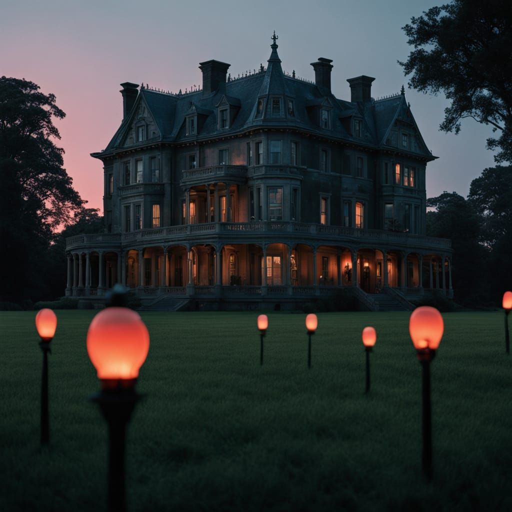 Dramatic Mansion at Dusk with Warm Glow
