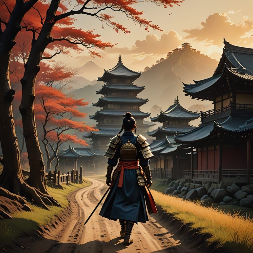 Epic Samurai Warrior Walks Down Ancient Dirt Road