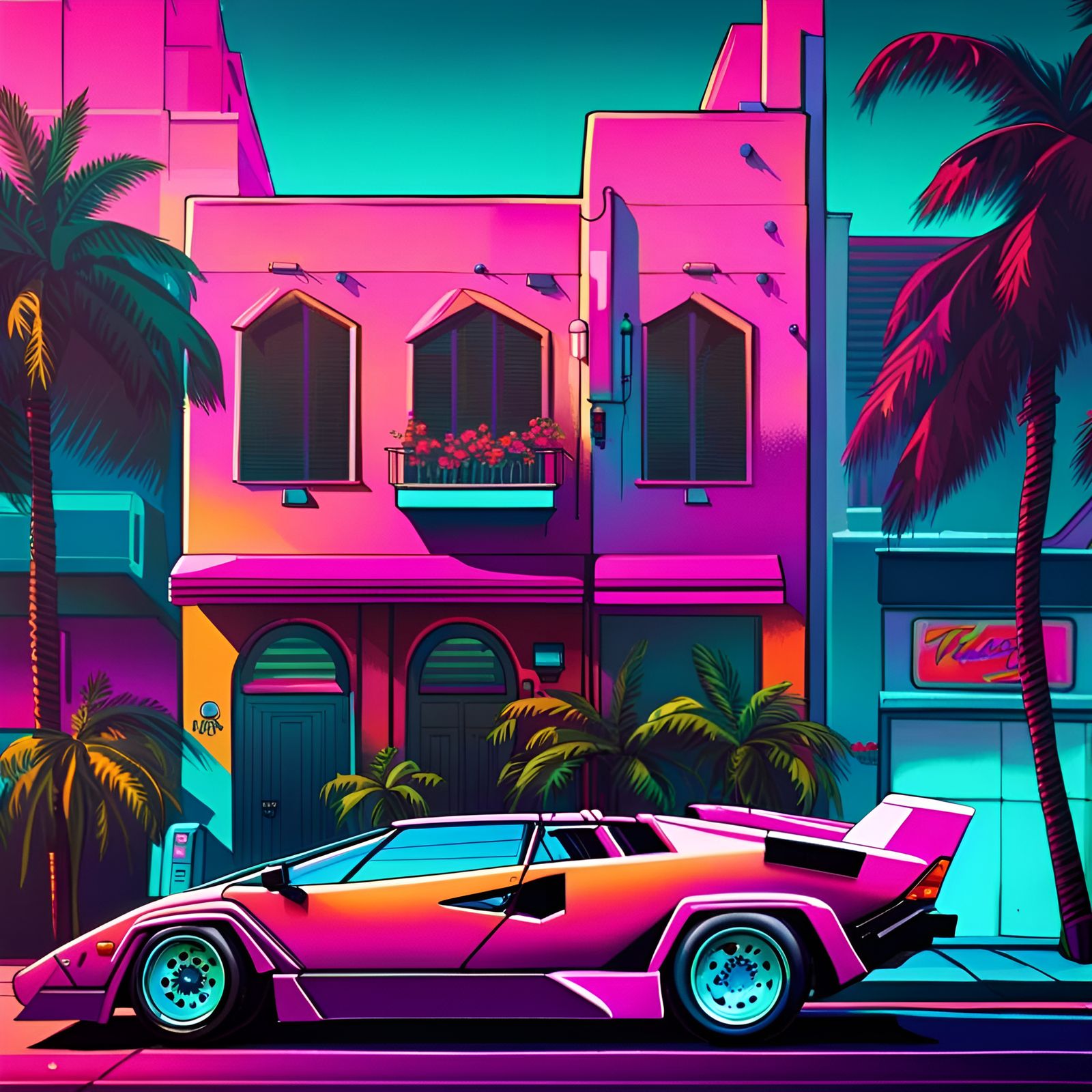 Miami Vice Lamborghini Countach in Retrowave Cityscape