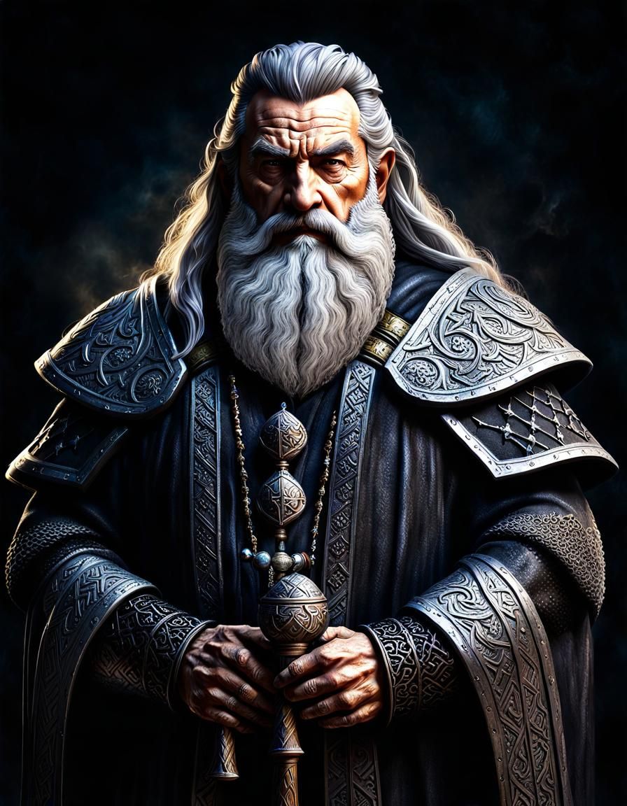 Wise Dwarven King's Advisor with Runic Scepter