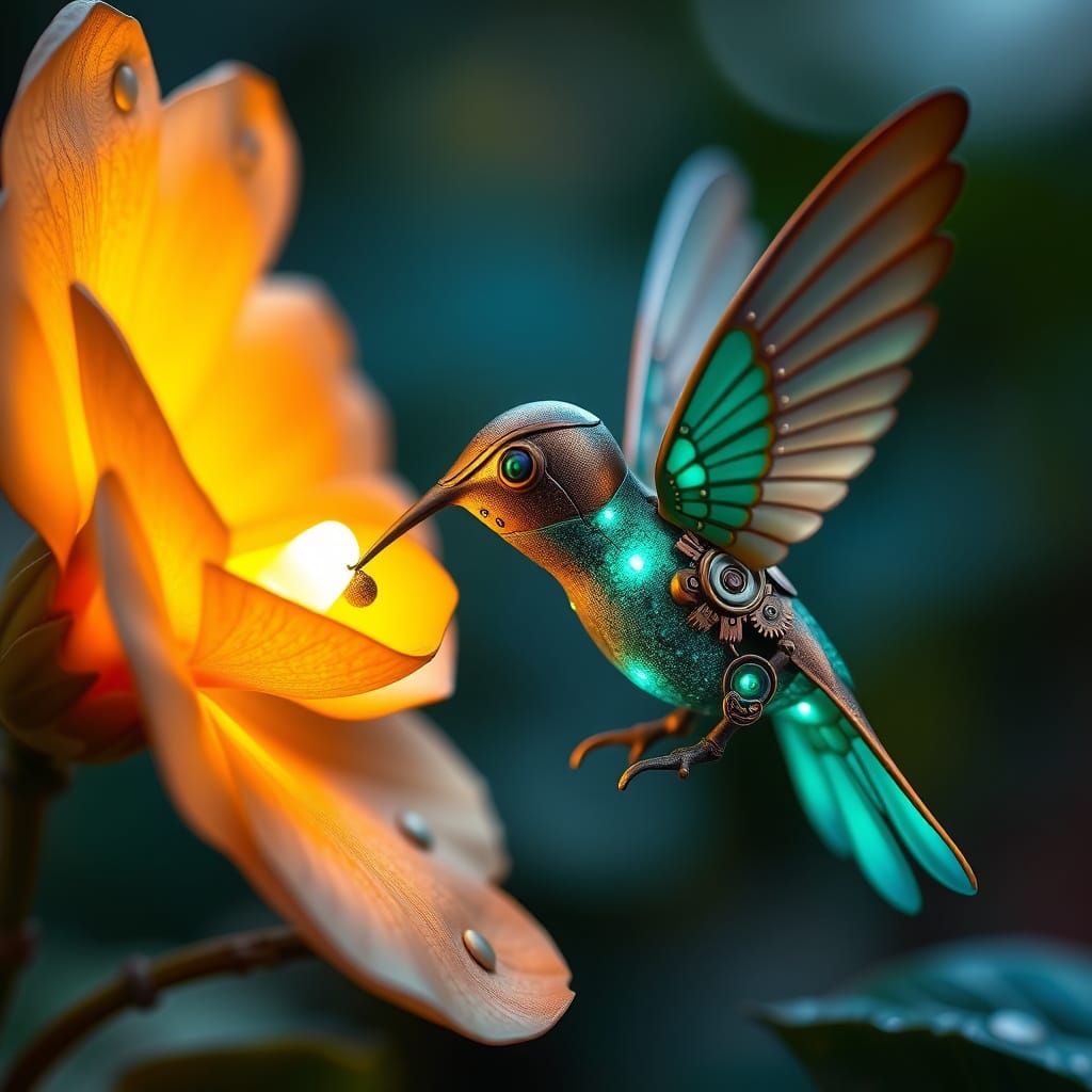 Steampunk Hummingbird Sips Bioluminescent Flower