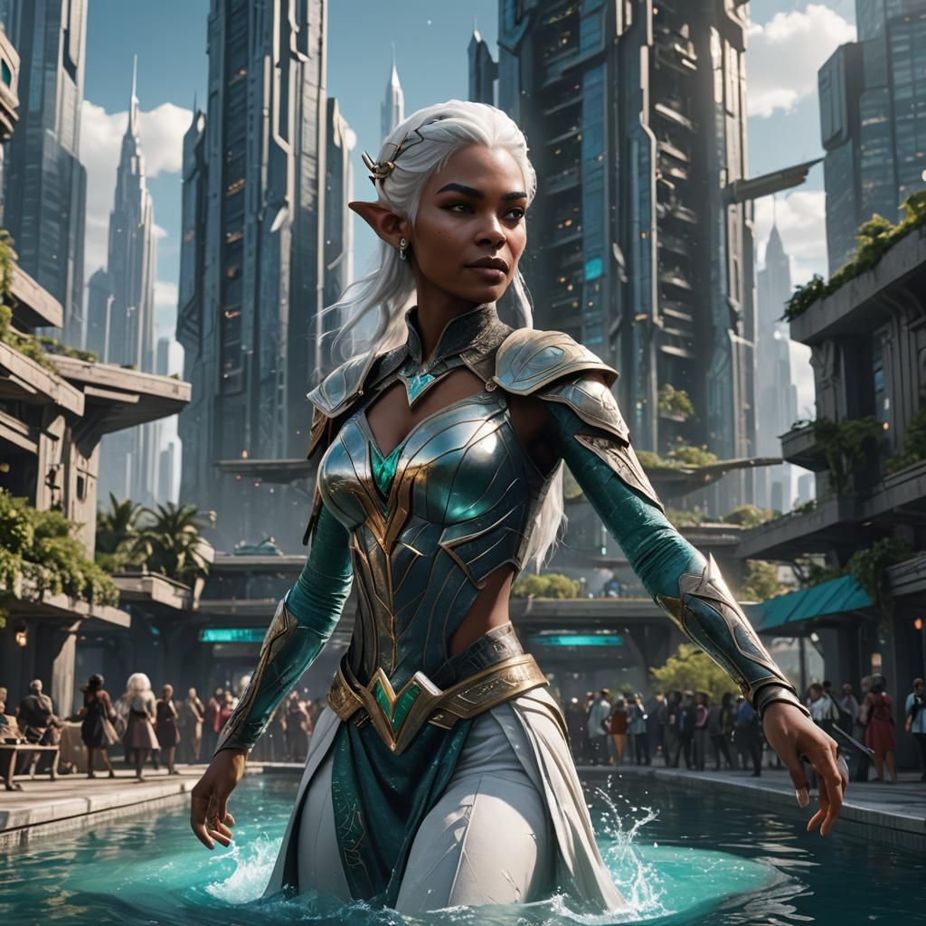 Elven Girl Dancing in Futuristic Cityscape