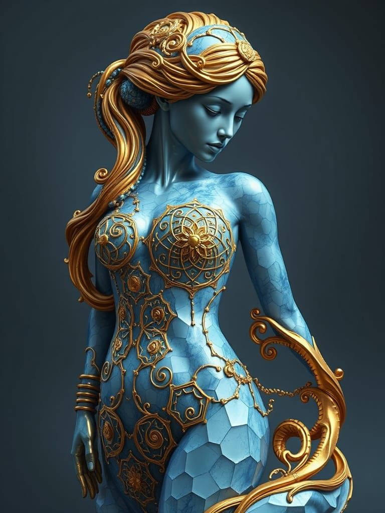 Futuristic Sacred Feminine Sculpture in Gold and Blue
