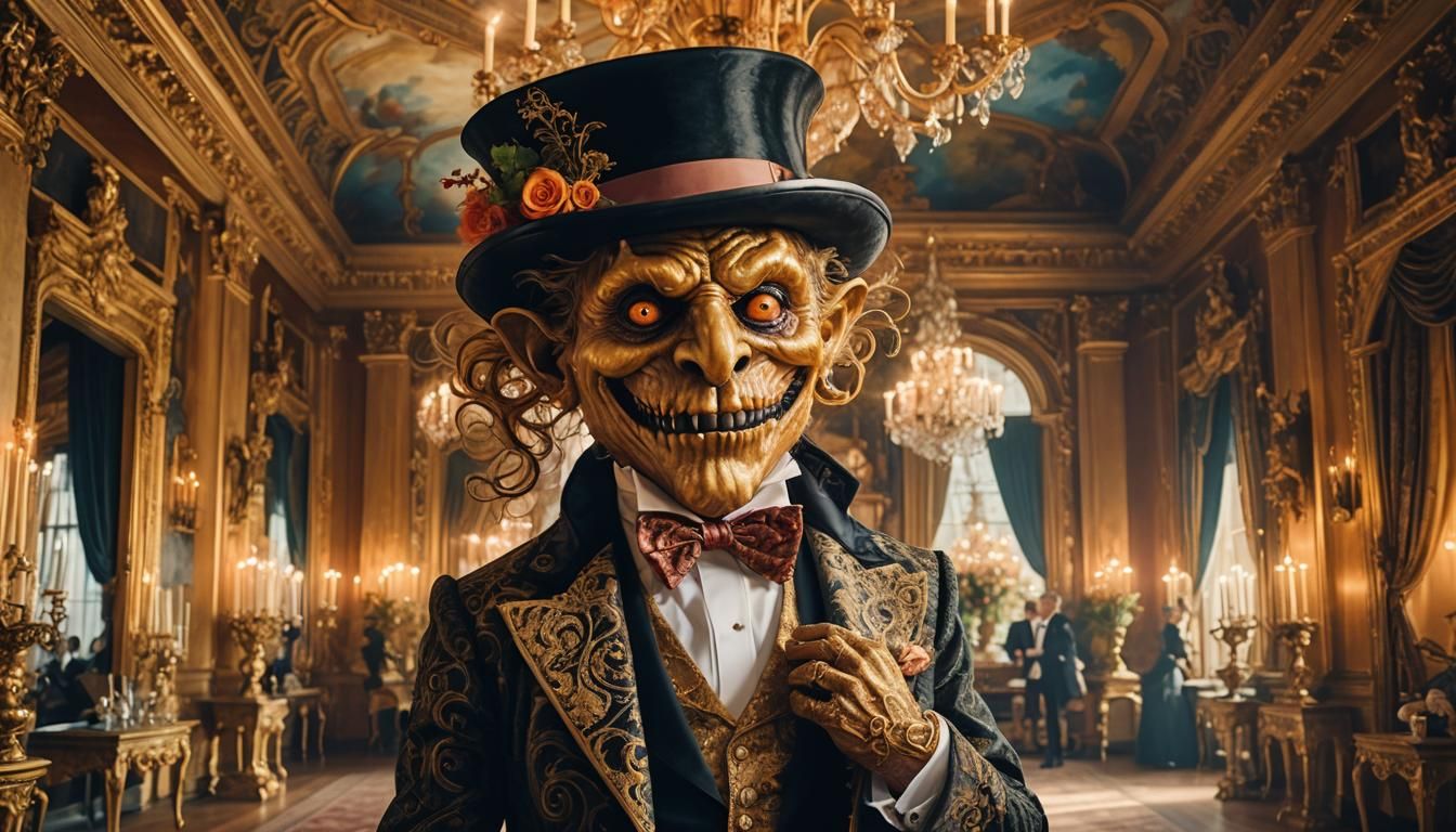 Monster Dances: Surreal Portrait in Ornate Ballroom