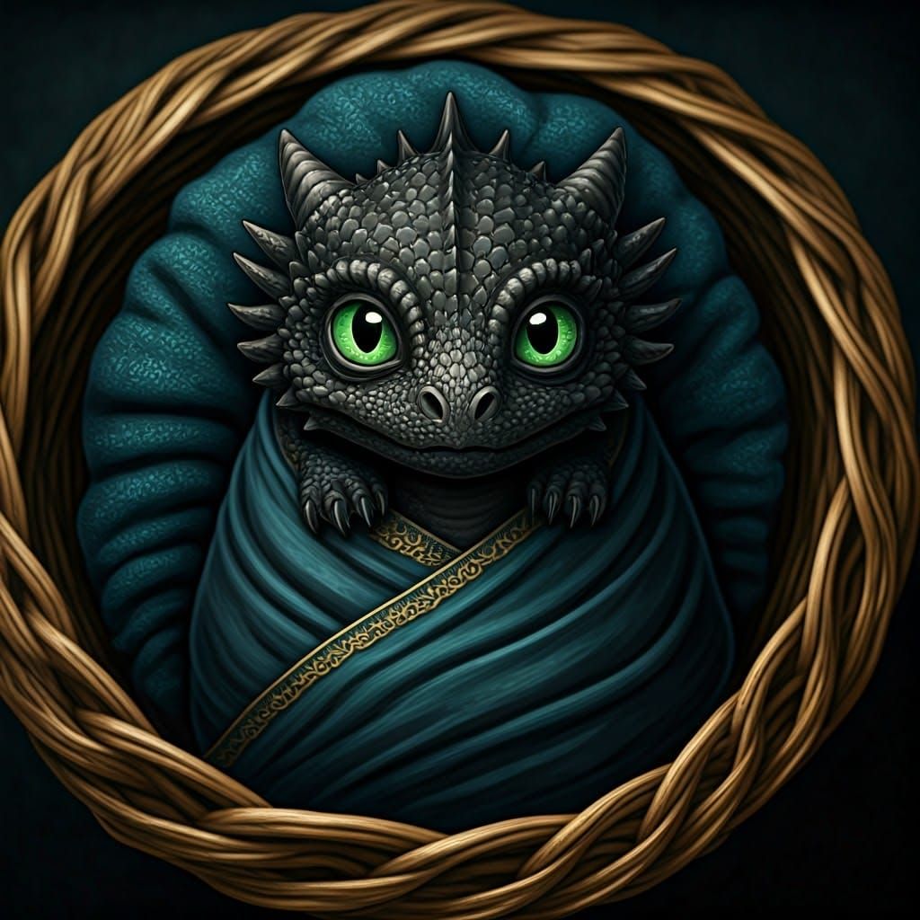Jet-Black Dragon Newborn in Basket, Digital Art