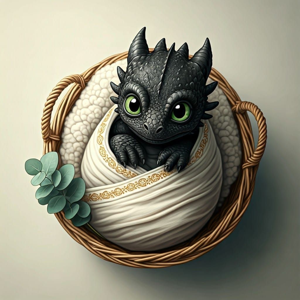 Jet-Black Baby Dragon in Basket, Digital Art