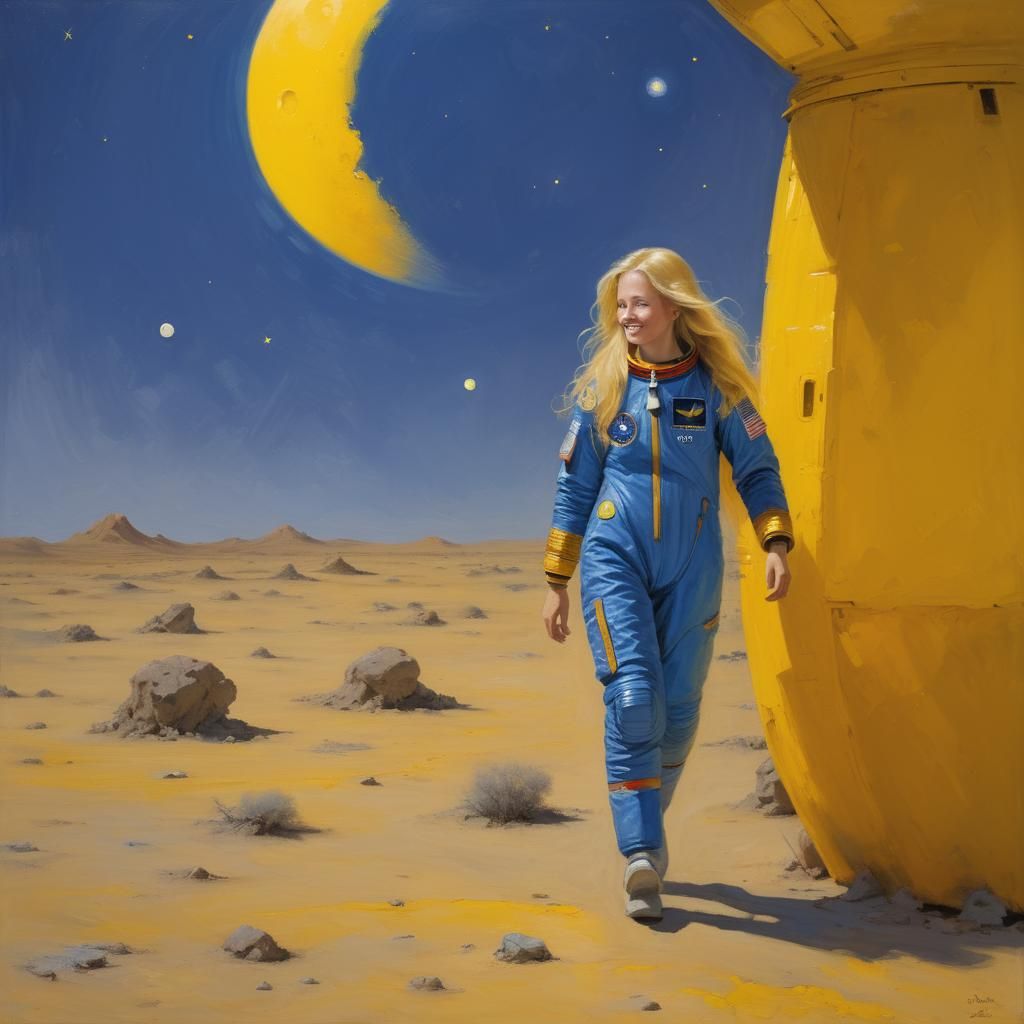 A Shy Astronaut on the Moon's Surface in Oil Painting Style