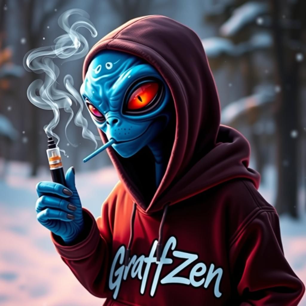 Blue Alien Vaping in Winter Hoodie