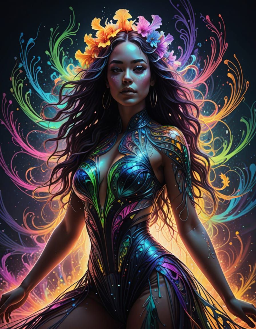 Ethereal Plus Size Dancer in Neon Fantasy Landscape