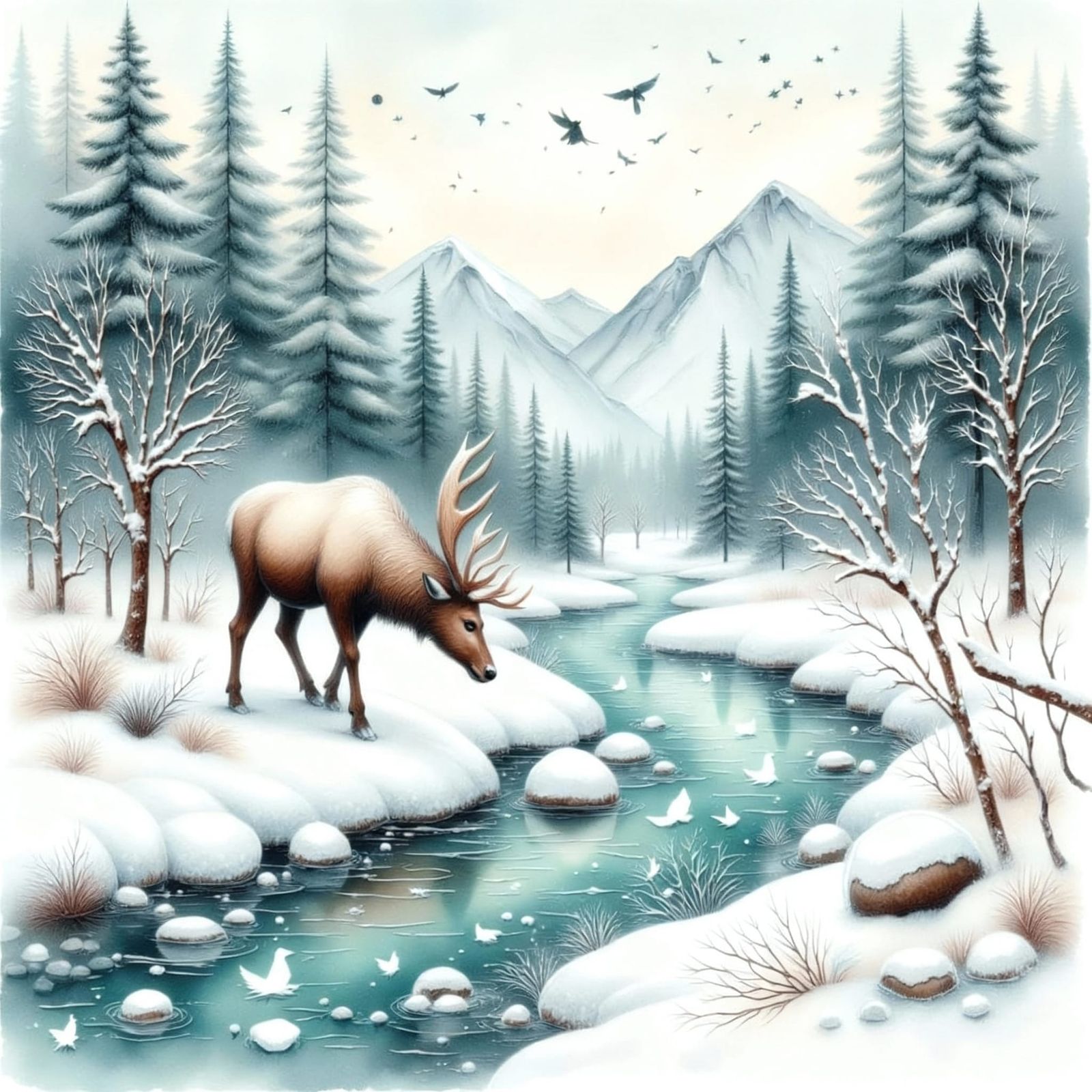 Majestic Elk Drinks From Turquoise River in Winter Woodland