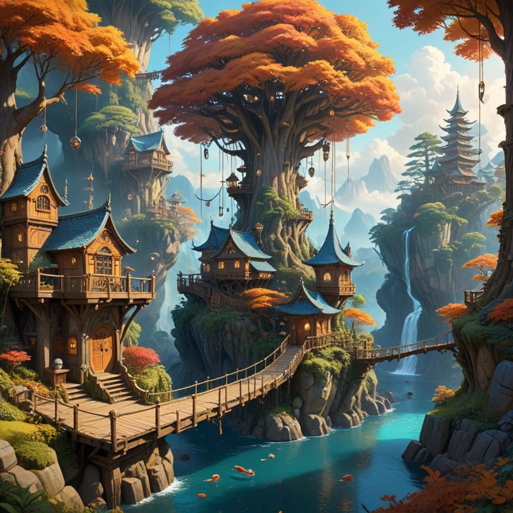 Envisioned Treehouse Village Around a Giant Hourglass in Whi...