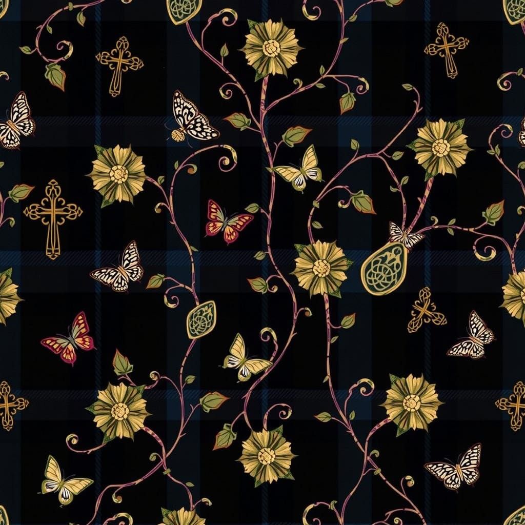 Ancient Clergy Tartan Fabric in Dark Blue with Celtic Motifs...