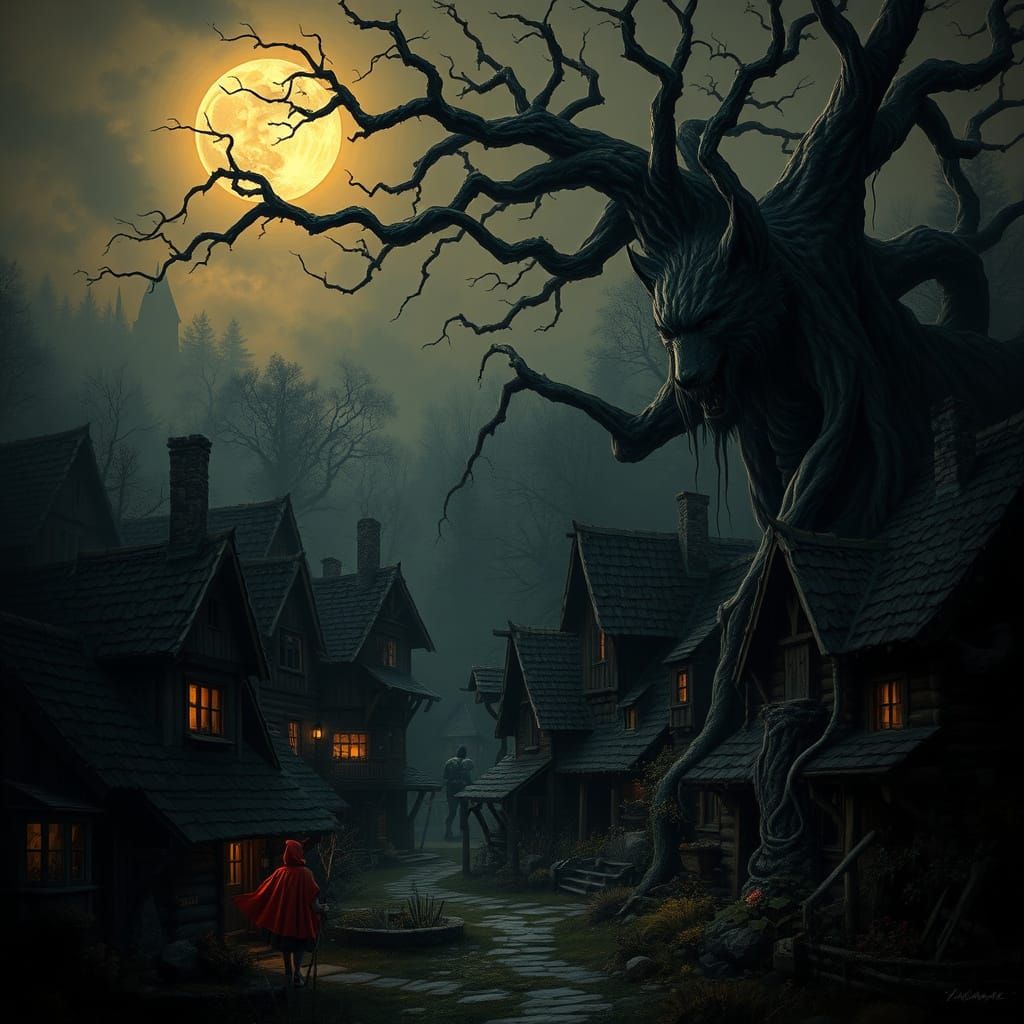 Eerie Twilight Village in a Dark Fantasy Style