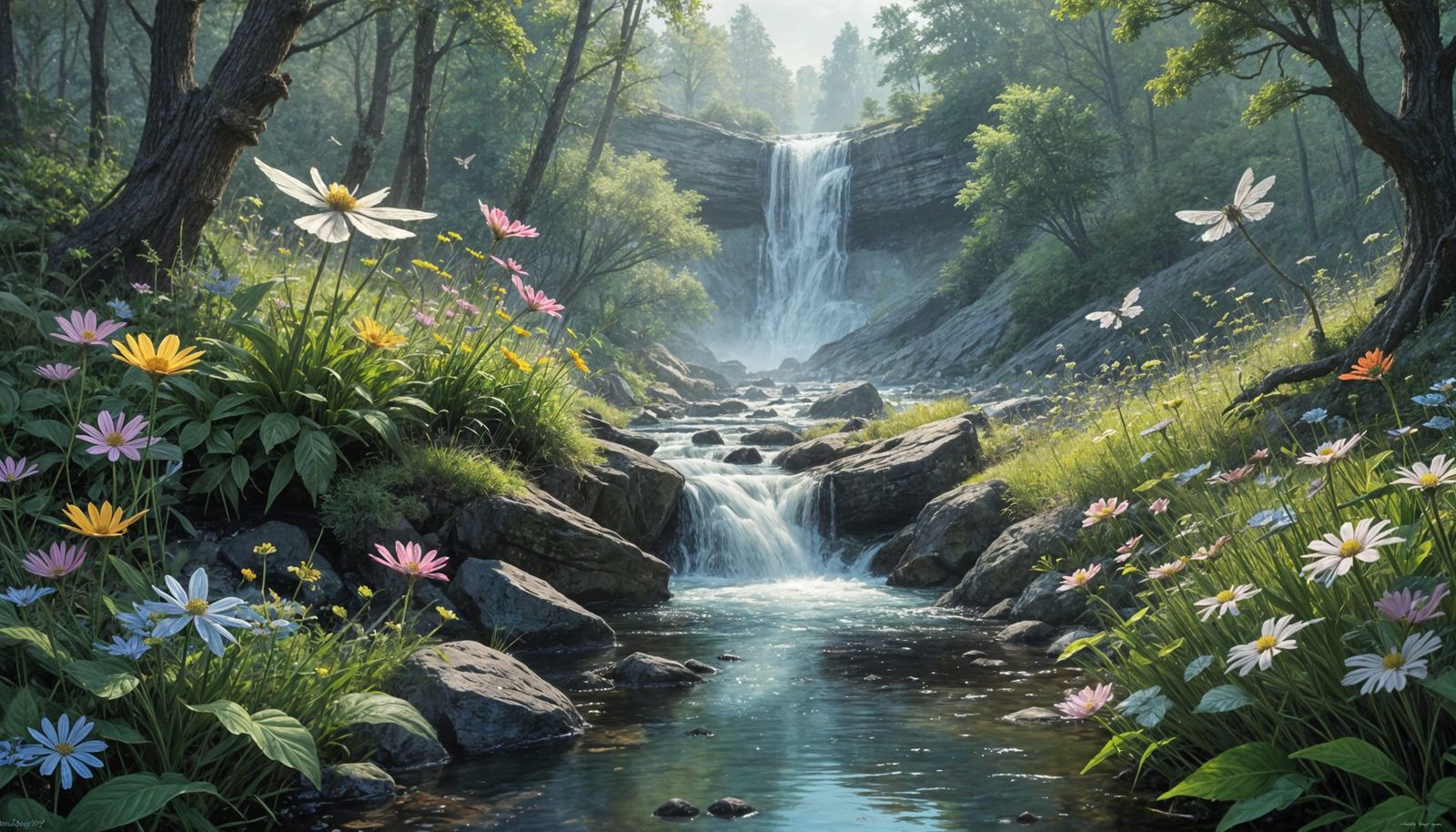 Pastel Creekside Paradise with Waterfall