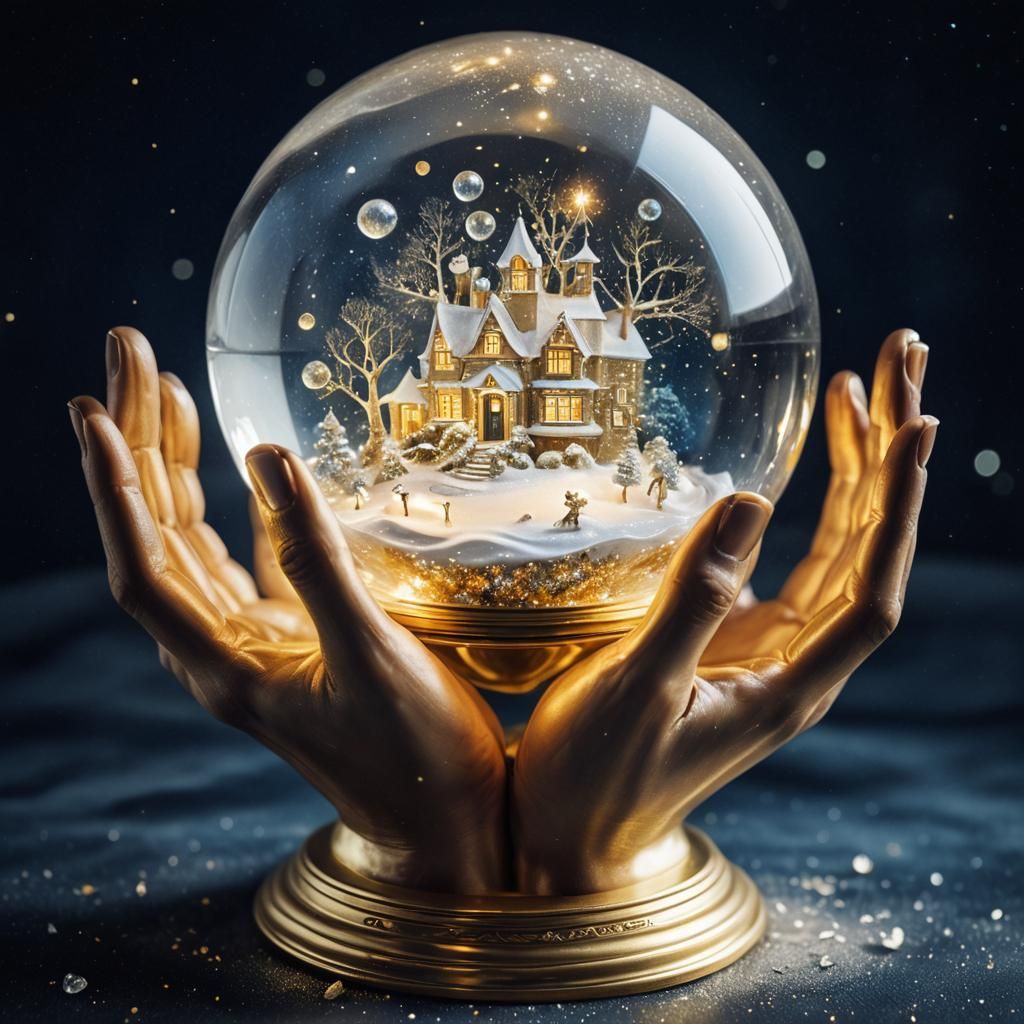 Golden Hands Hold Glittery Visions in Snow Globe