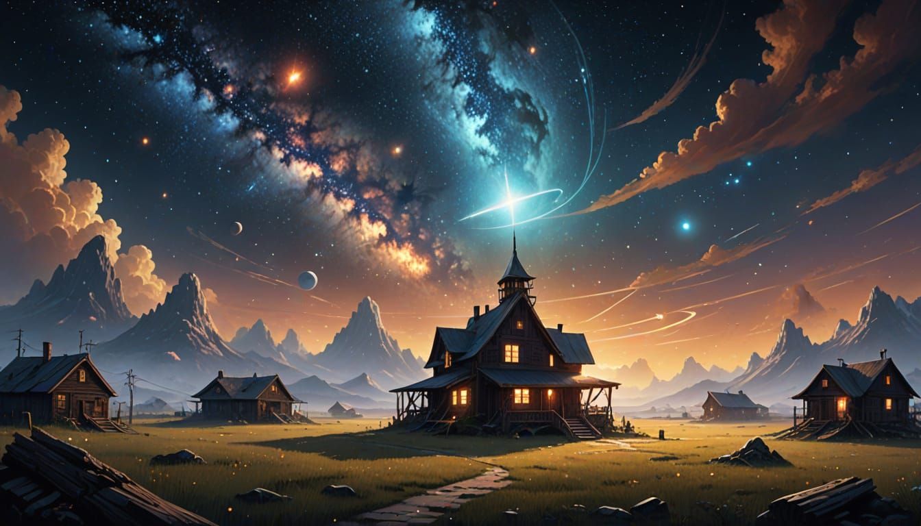 Cosmic Village on Galaxy's Edge in Ethereal Digital Art