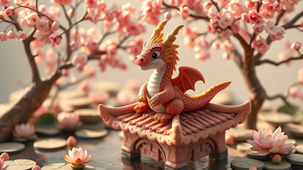 Clay Chinese Dragon on Temple Rooftop in Pastel Colors